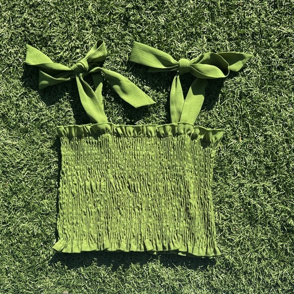 Tops - Green Smocked Bow-Tie Strap Top